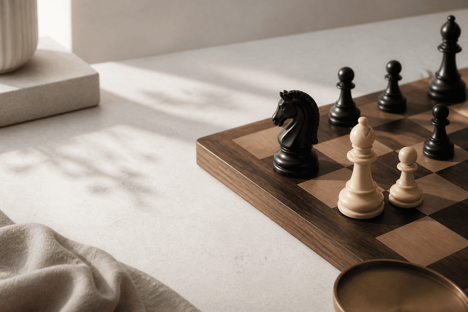 A walnut chess set in soft natural light